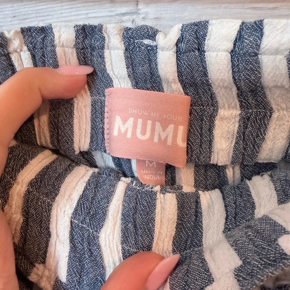 Show Me Your MuMu Overboard Shorts Sea Stripe Blue White Belted Linen Size M - Picture 2 of 8